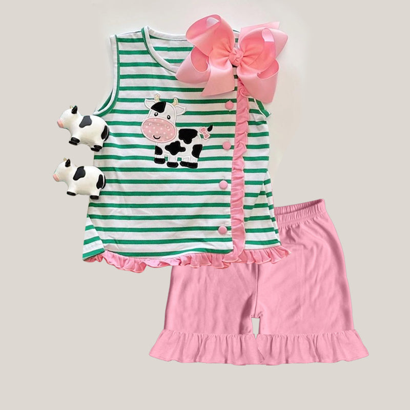 Green stripe sleeveless cows top shorts girls clothing