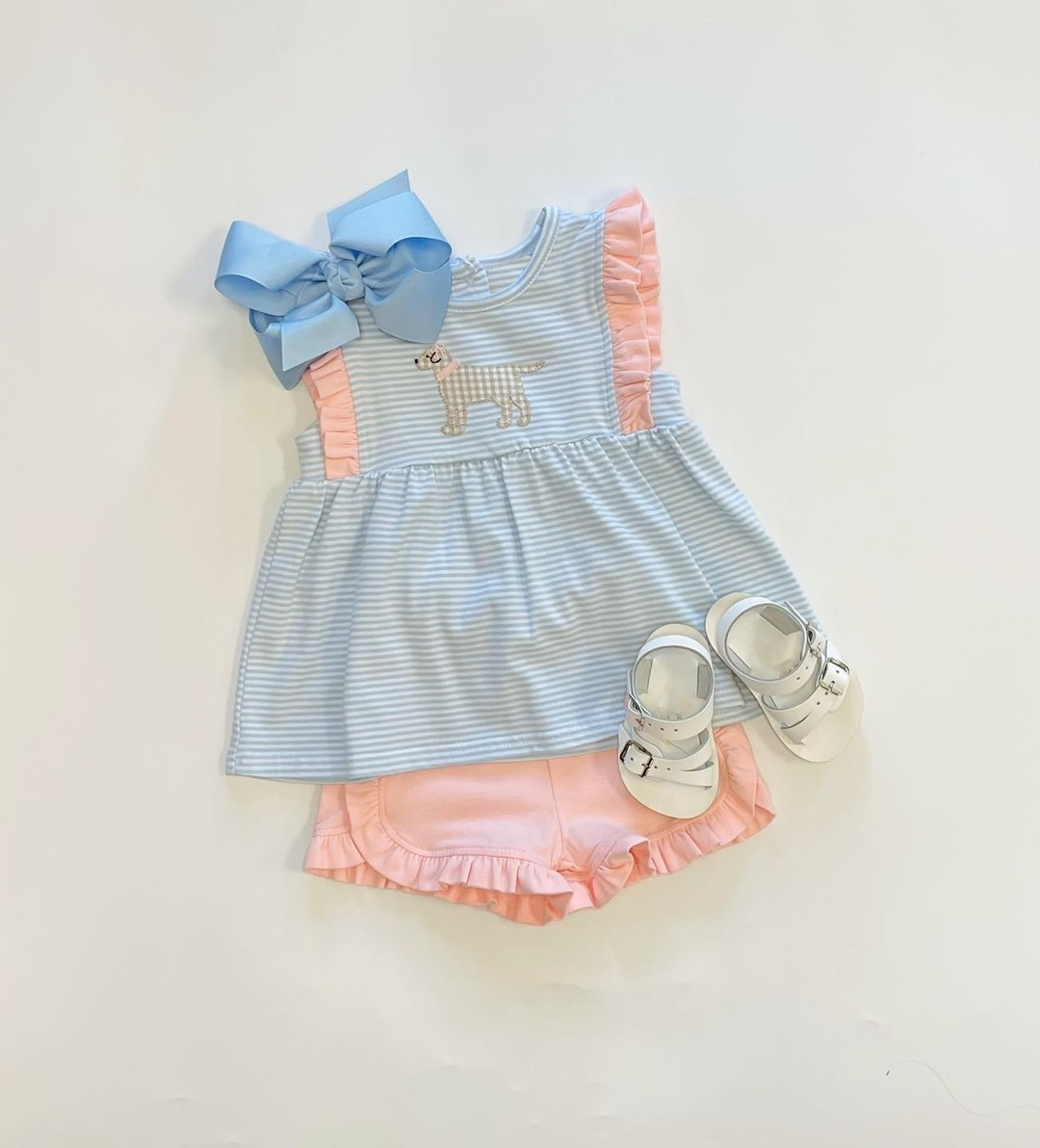 Flutter sleeves stripe dog tunic ruffle shorts girls clothes