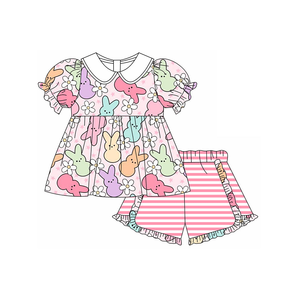 Short sleeves floral bunny tunic stripe shorts girls Easter clothes