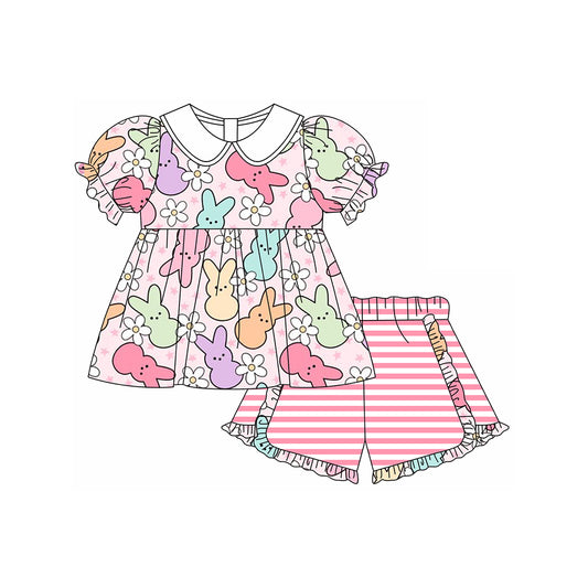 Short sleeves floral bunny tunic stripe shorts girls Easter clothes