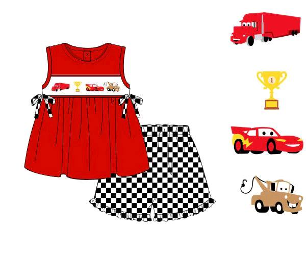 Red sleeveless cars tunic plaid shorts girls clothes