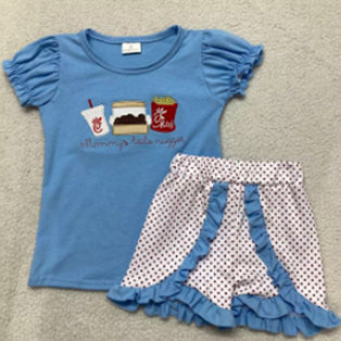 Chicken fries top polka dots shorts girls clothing set