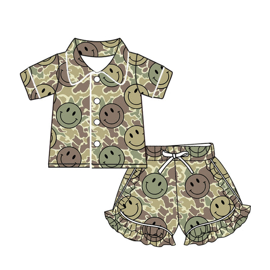 Short sleeves camo smile kids girls button down pajamas