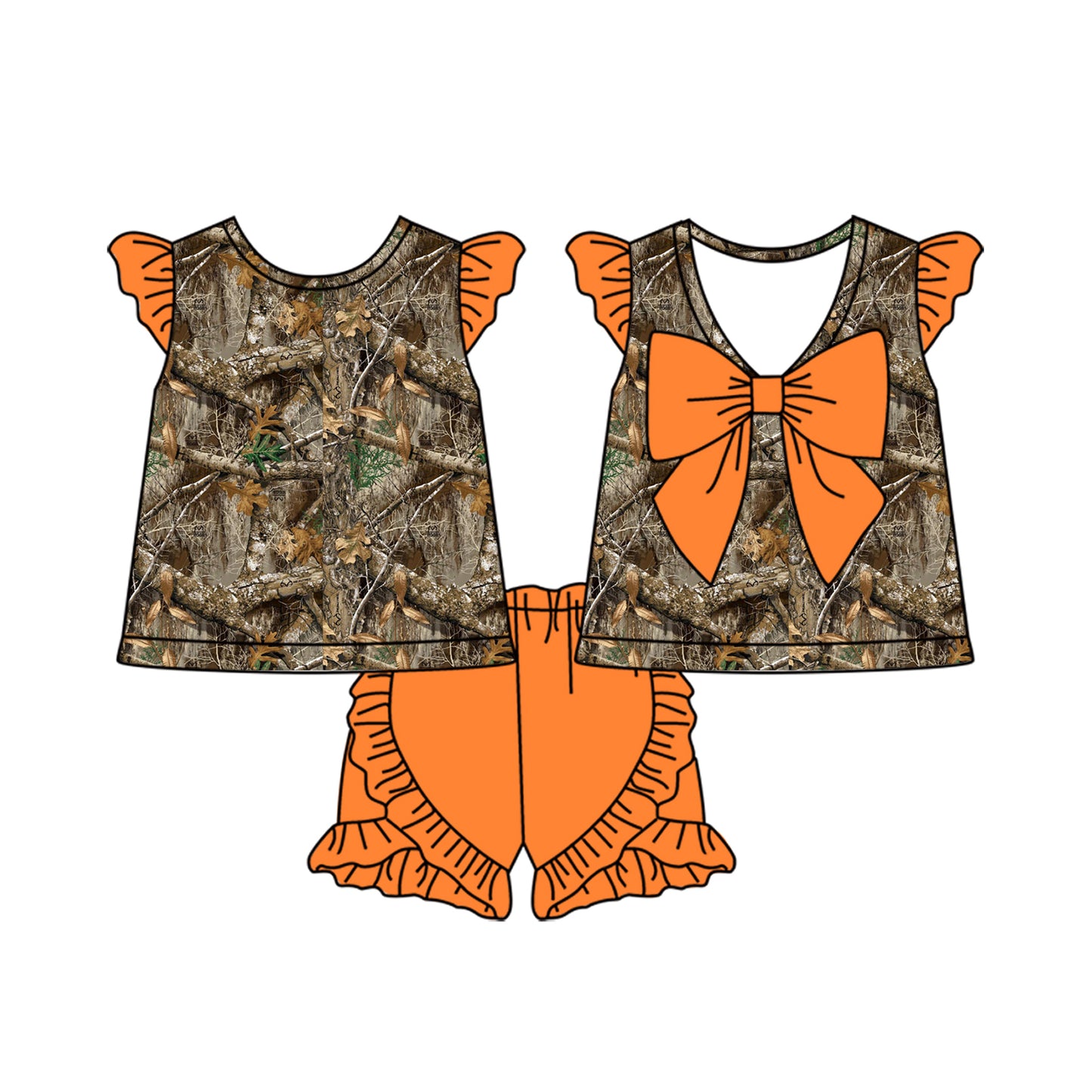 Orange bow camo top ruffle shorts kids girls clothes