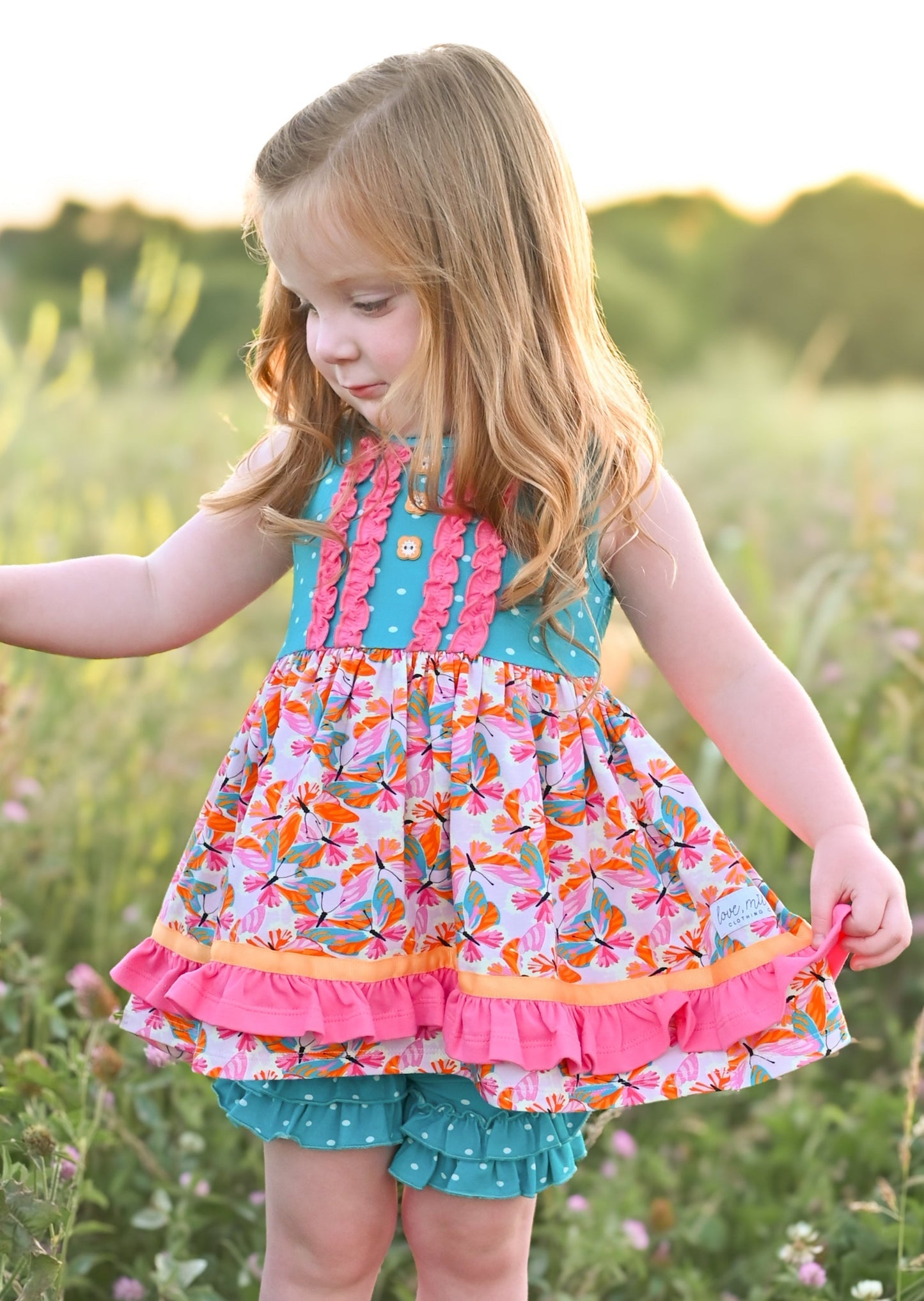 Sleeveless polka dots butterfly ruffle tunic shorts girls clothes