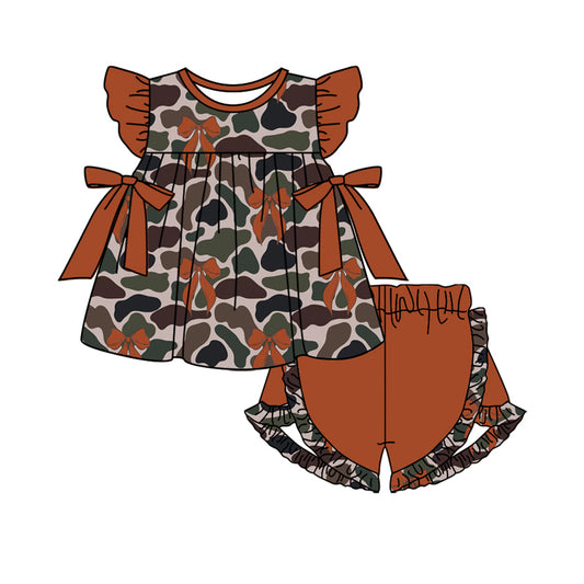 Flutter sleeves camo bow tunic ruffle shorts girls clothes