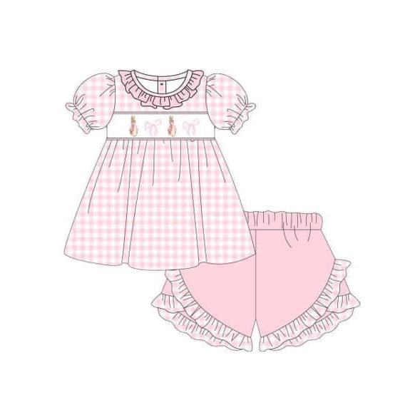 Pink plaid rabbit bow tunic ruffle shorts girls Easter clothes