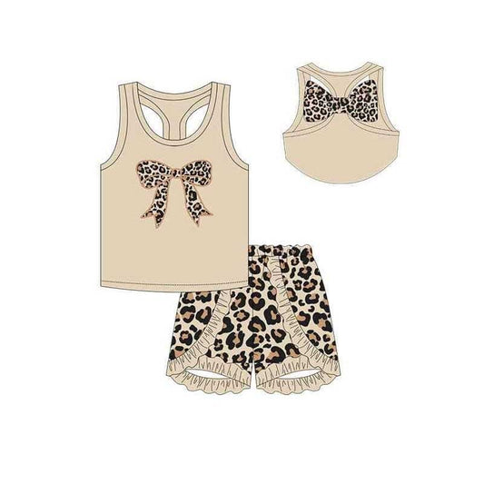 Leopard bow top ruffle shorts baby girls clothing