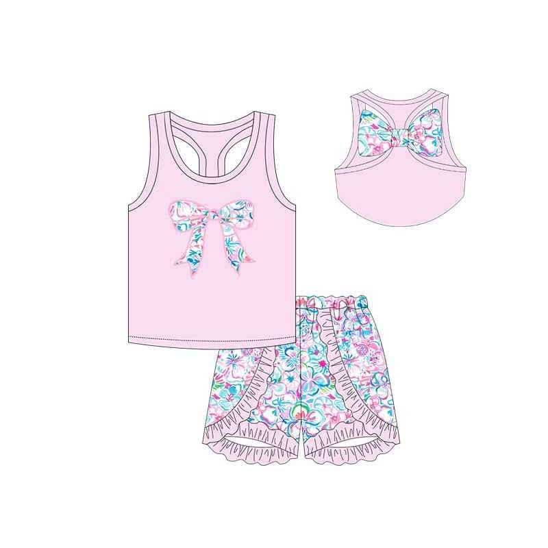 Pink bow top floral ruffle shorts baby girls clothing