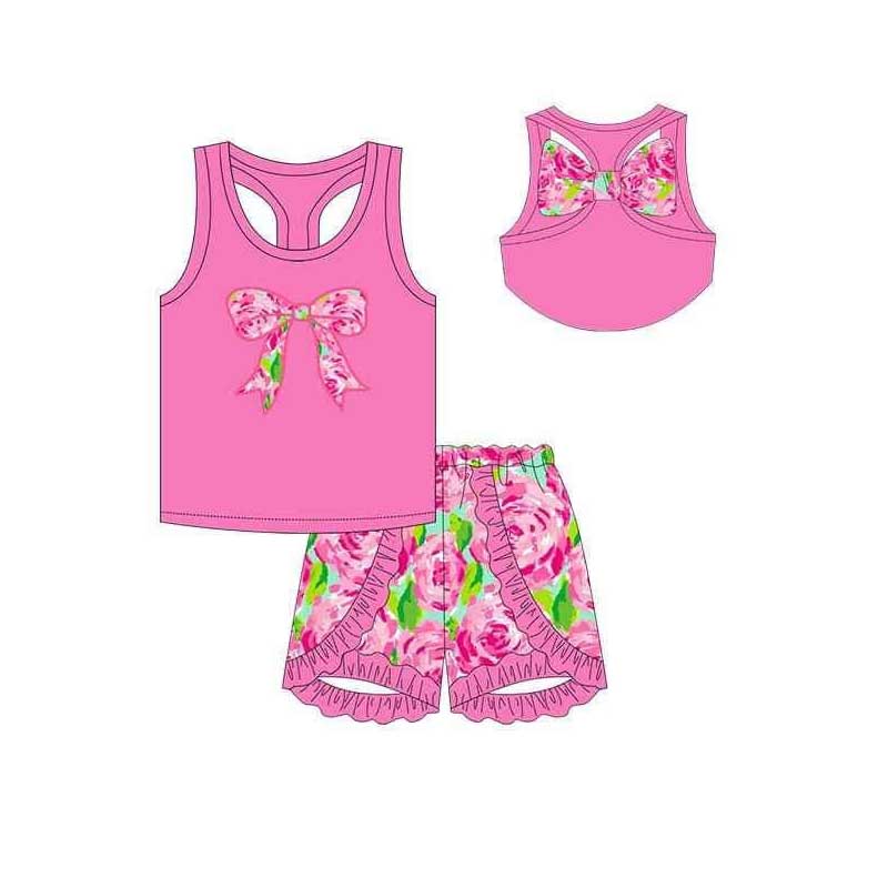 Hot pink bow top floral ruffle shorts baby girls clothing