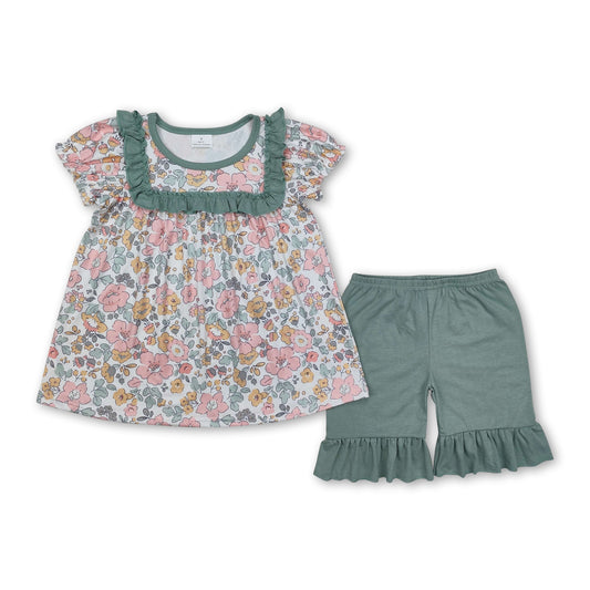 Short sleeves floral ruffle tunic shorts girls summer clothes