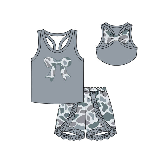 Grey sleeveless bow top ruffle camo shorts girls clothes