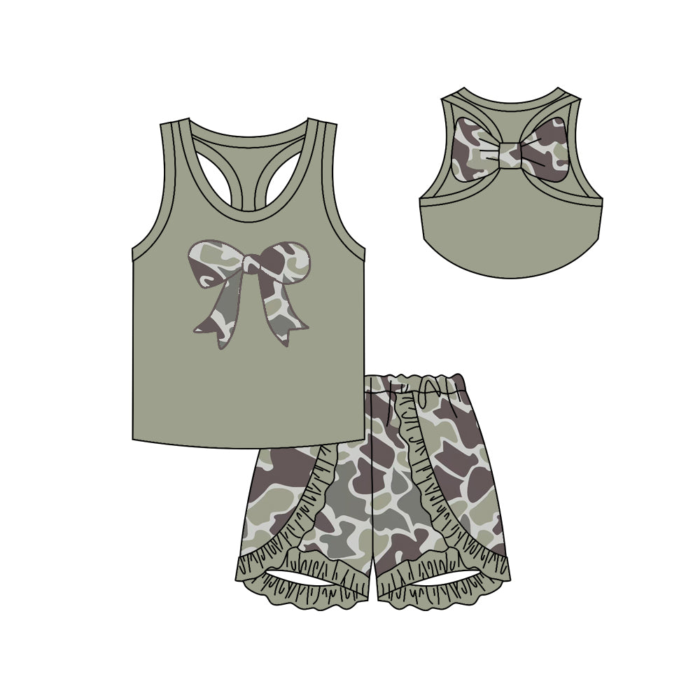 Sleeveless bow top ruffle camo shorts girls clothes