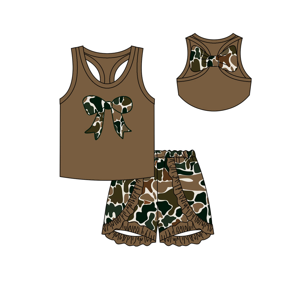 Brown sleeveless bow top ruffle camo shorts girls clothes