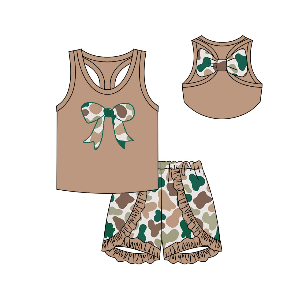 Khaki sleeveless bow top ruffle camo shorts girls clothes