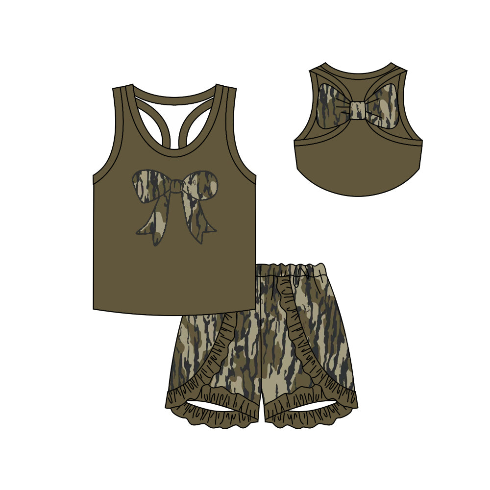 Sleeveless bow top ruffle bottomland camo shorts girls clothes