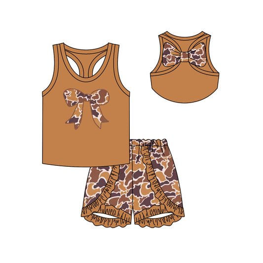 Light brown sleeveless bow top camo shorts girls clothes