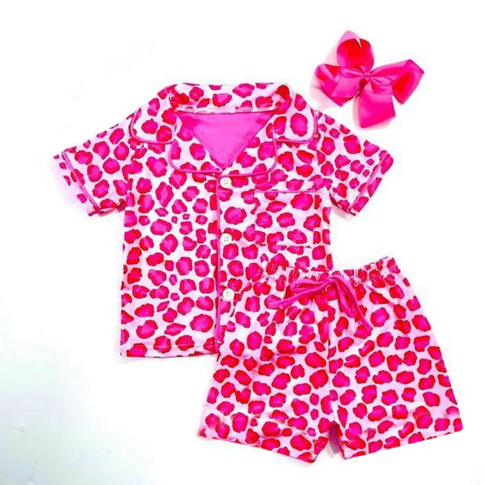 Short sleeves hot pink leopard girls button down pajamas