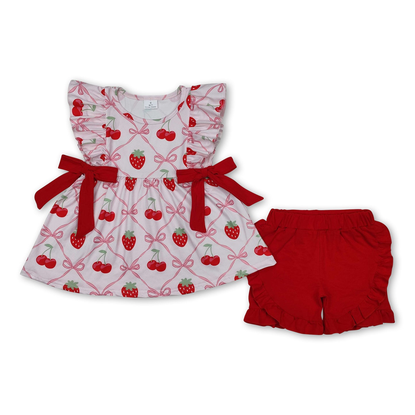 Ruffle bow strawberry tunic shorts girls spring clothes