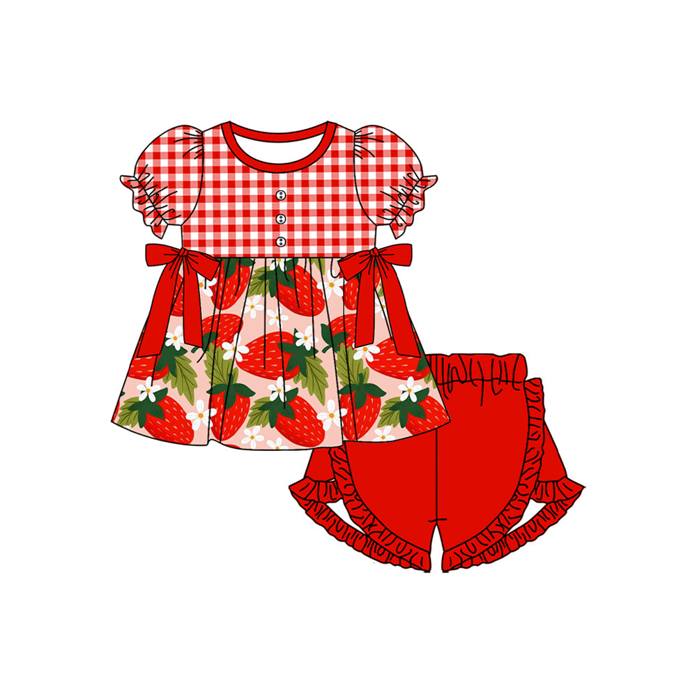 Red plaid short sleeves strawberry tunic shorts girls clothes