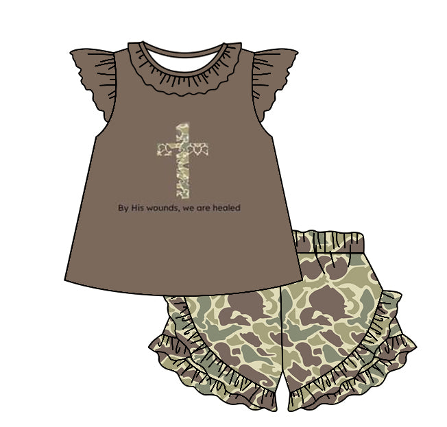 Flutter sleeves camo cross top shorts girls Easter clothes