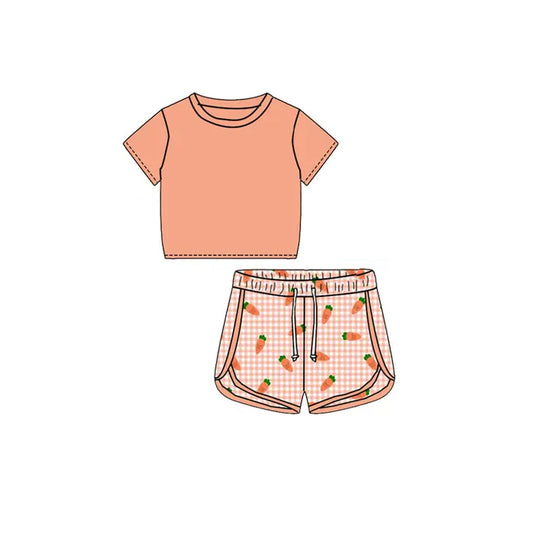 Short sleeves top carrot plaid shorts kids girls Easter outfits