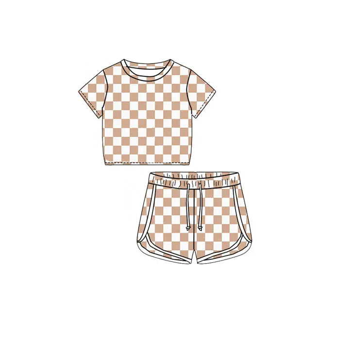 Short sleeves khaki plaid top shorts kids girls summer outfits