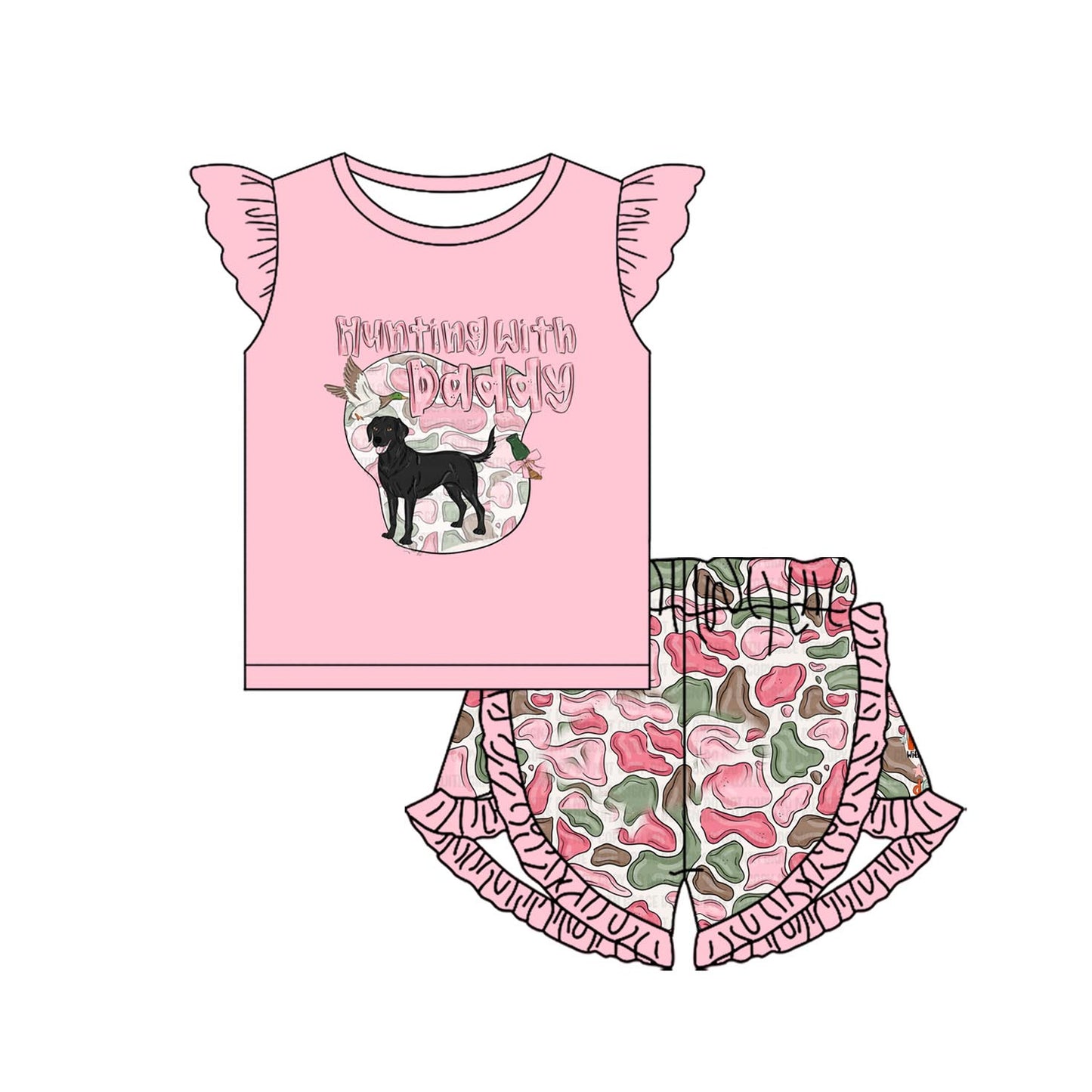 Pink hunting with daddy dog camo kids girls outfits