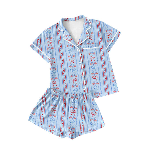 Light blue flag bow adult women 4th of july button downs pajamas
