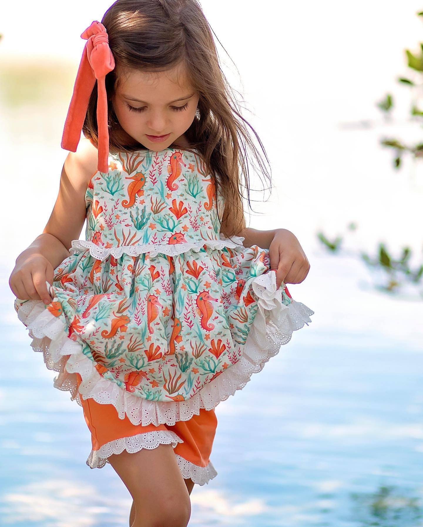 Straps seaweed seahorse tunic ruffle shorts girls summer clothes