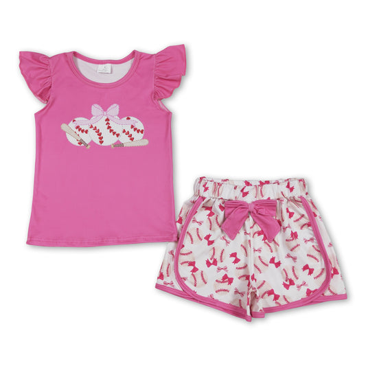 Pink flutter sleeves baseball bow top shorts girls clothes