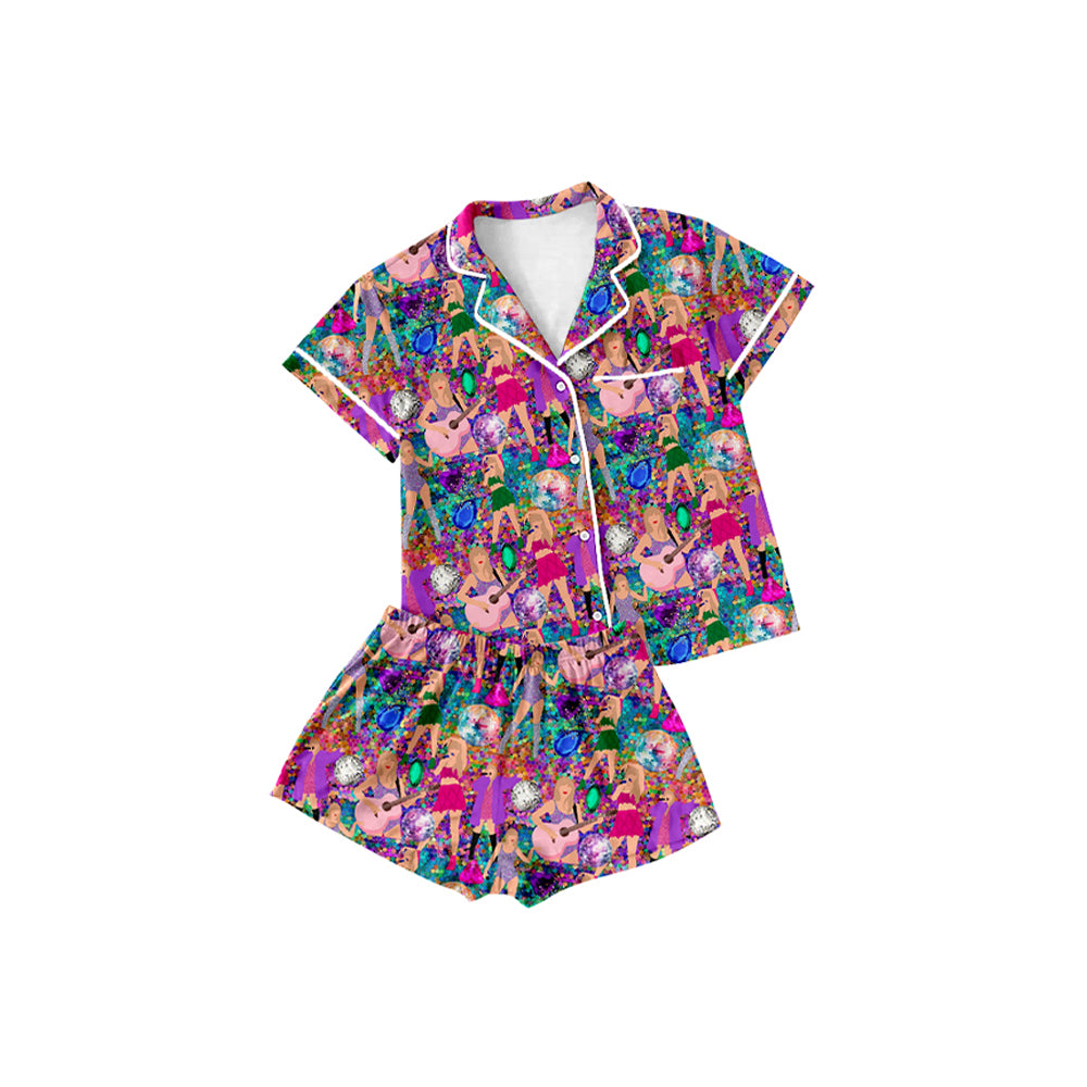 Short sleeves guitar singer girls button down pajamas
