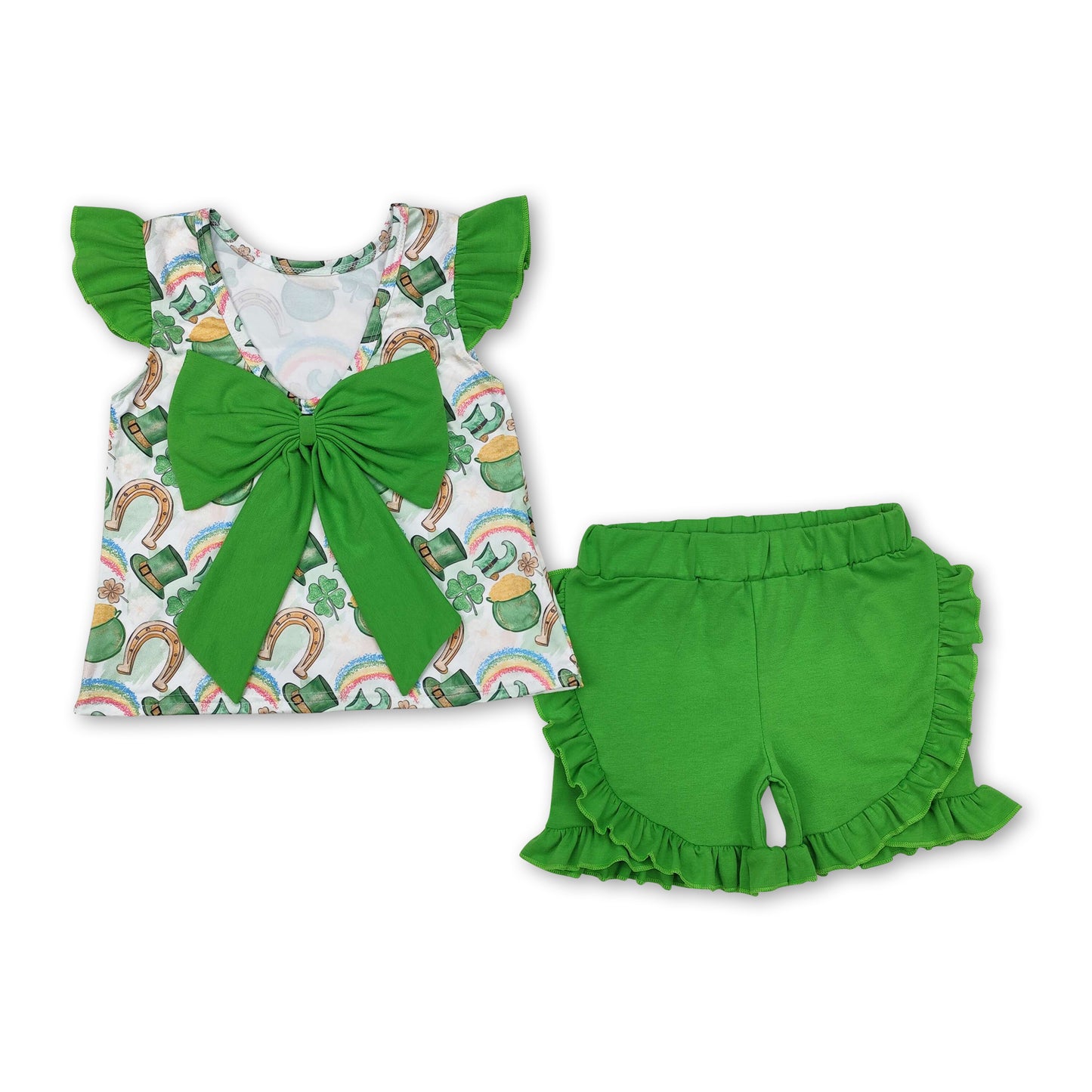 Green bow flutter sleeves tunic shorts girls St Patrick's clothes