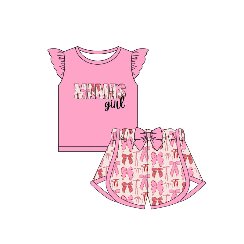 Pink flutter sleeves Mama's girl bow shorts outfits