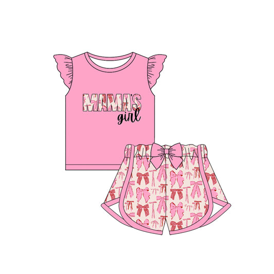 Pink flutter sleeves Mama's girl bow shorts outfits