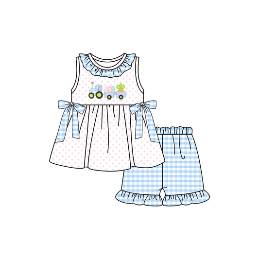 Sleeveless pink polka dots eggs tractor girls Easter clothes