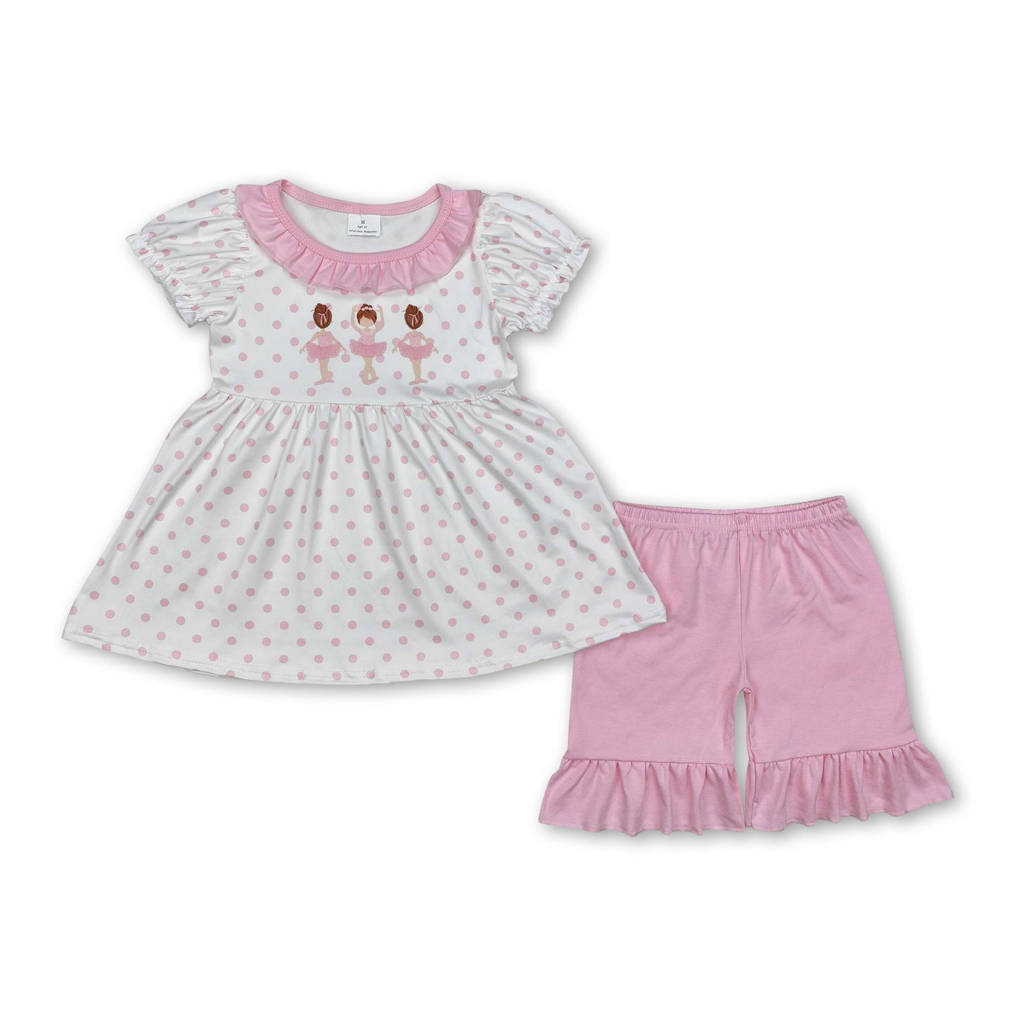 Pink polka dots tunic shorts dance girls clothing set