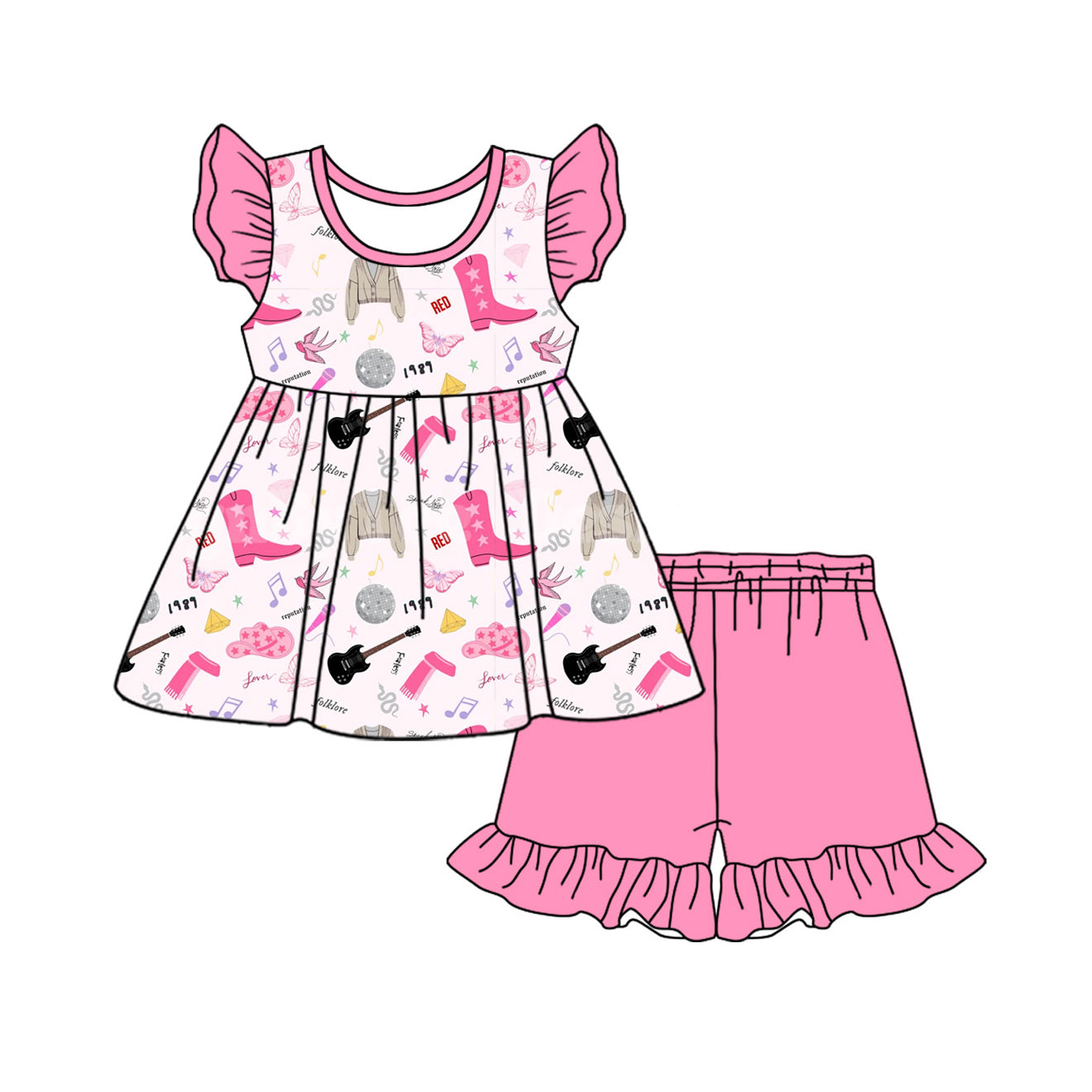 Flutter sleeves guitar boots tunic shorts singer girls outfits