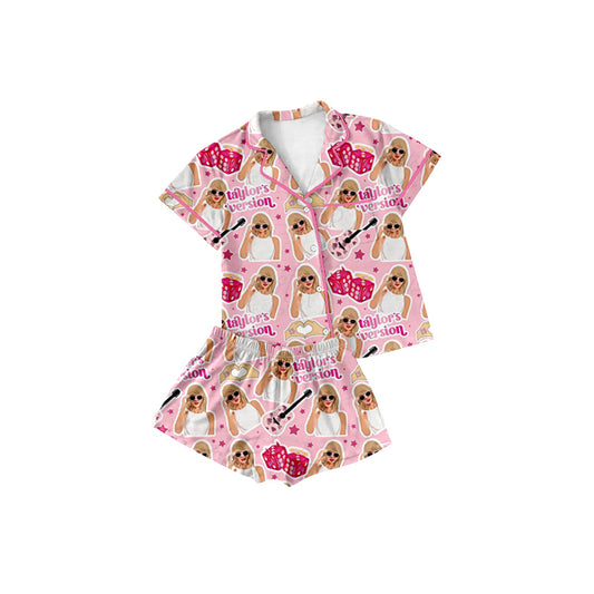 Pink short sleeves guitar singer girls button down pajamas