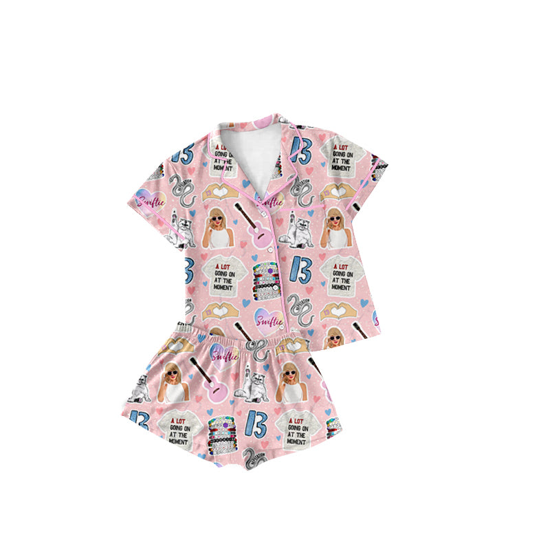 Pink short sleeves guitar heart singer girls button down pajamas