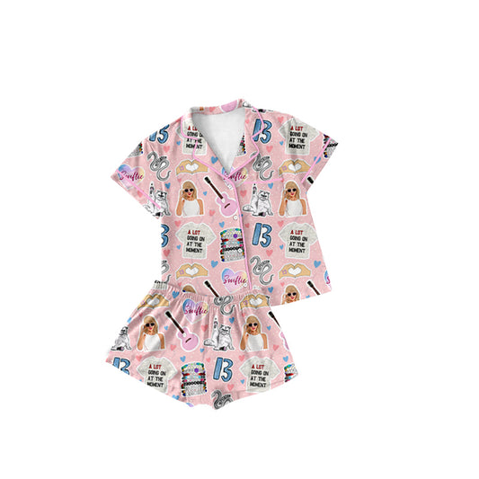 Pink short sleeves guitar heart singer girls button down pajamas