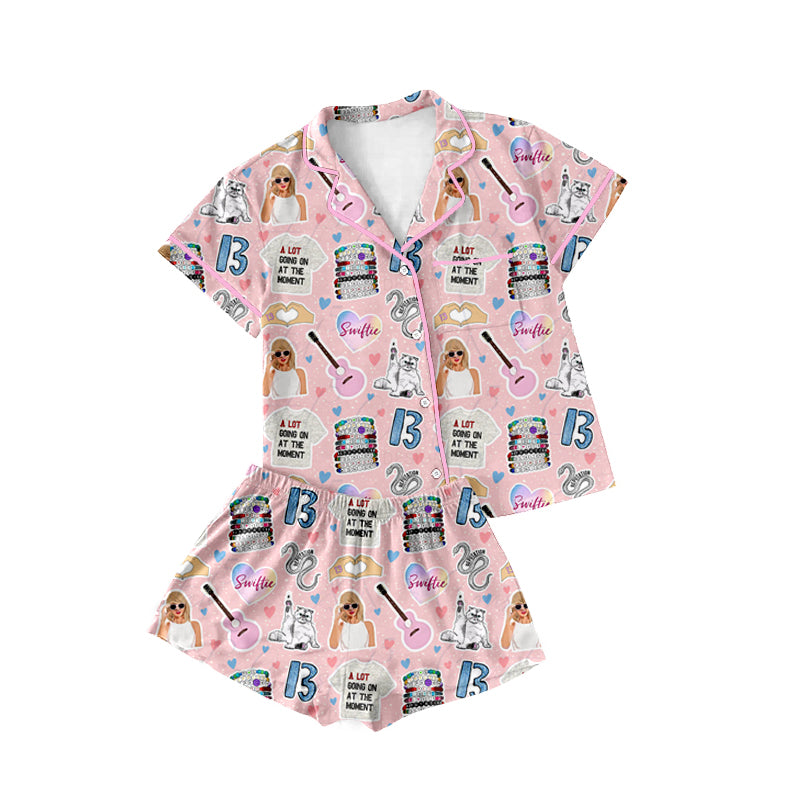 Short sleeves pink heart singer adult women button down pajamas