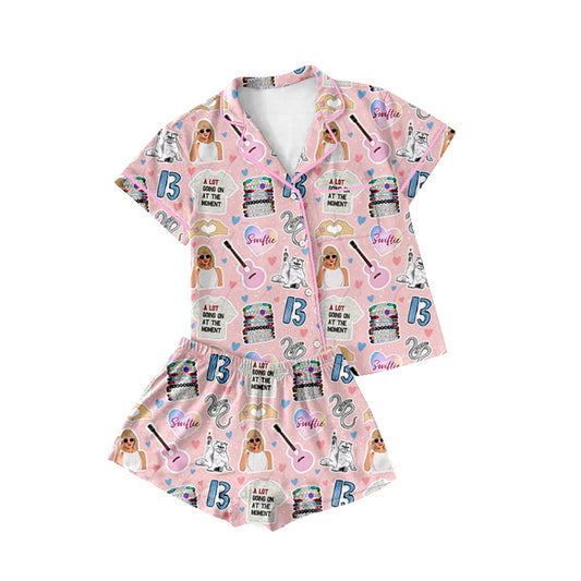 Short sleeves pink heart singer adult women button down pajamas