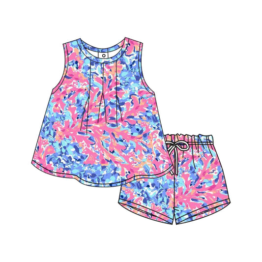 Sleeveless pink blue watercolor floral girls summer outfits