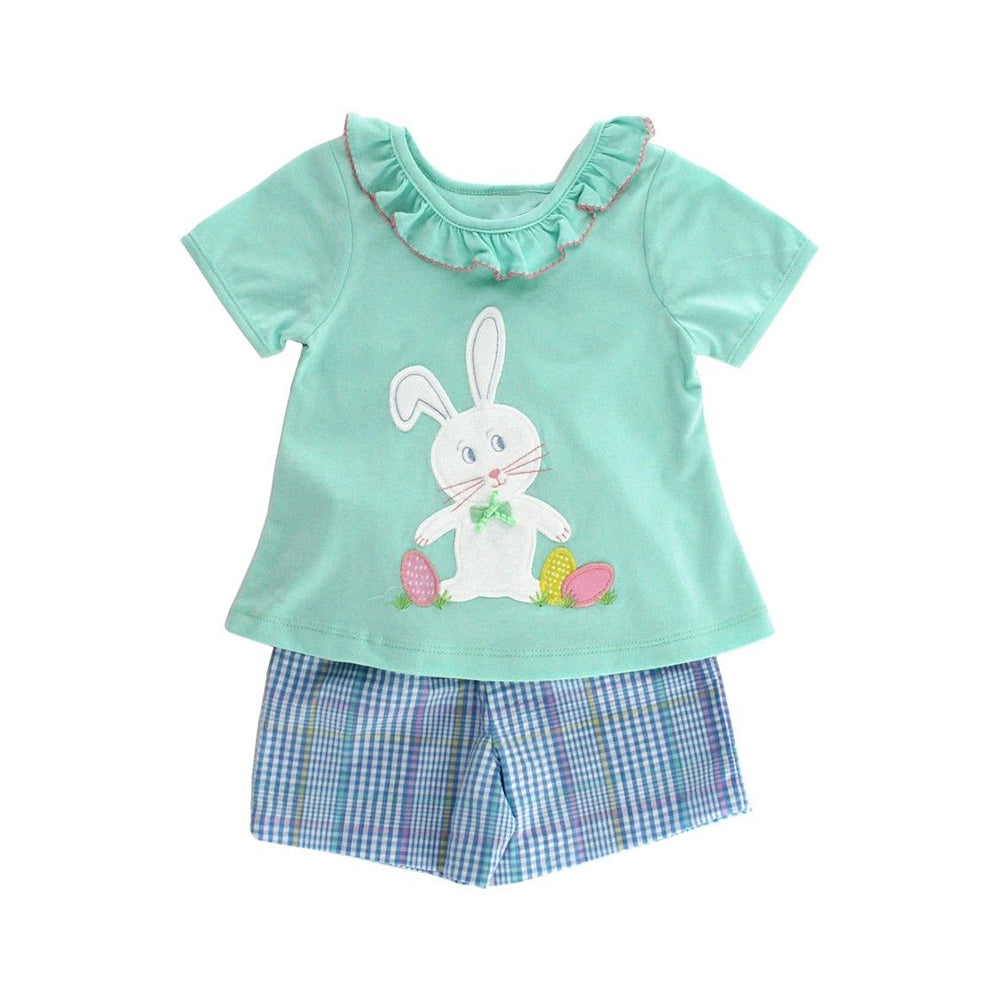 Short sleeves bunny eggs top plaid shorts girls Easter clothes