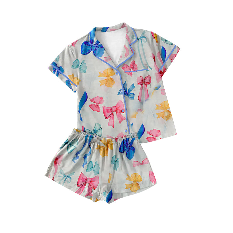 Short sleeves colorful bow adult women button down pajamas