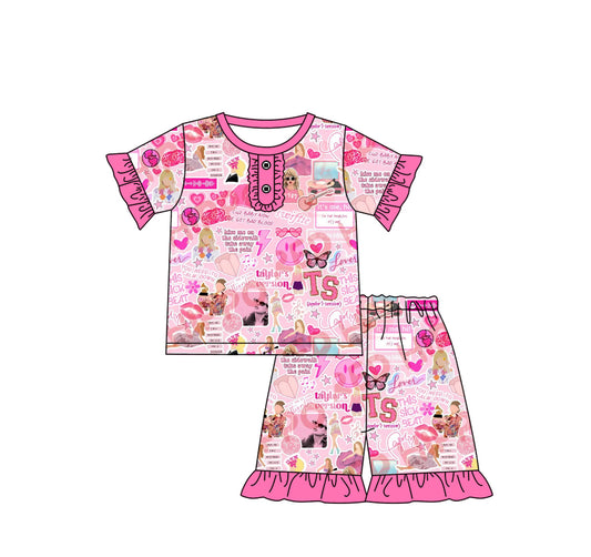 Pink ruffle short sleeves smile heart singer girls pajamas