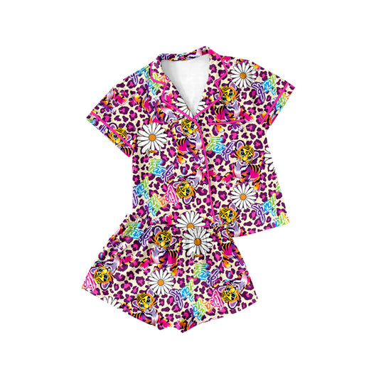 Colorful leopard tiger floral girls button down pajamas