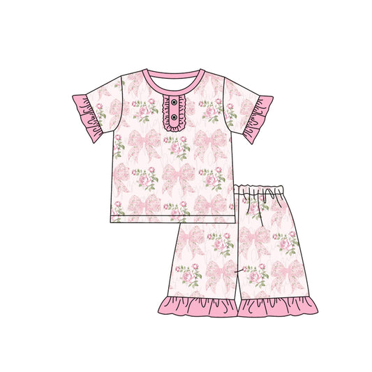 Ruffle short sleeves bow floral baby girls pajamas