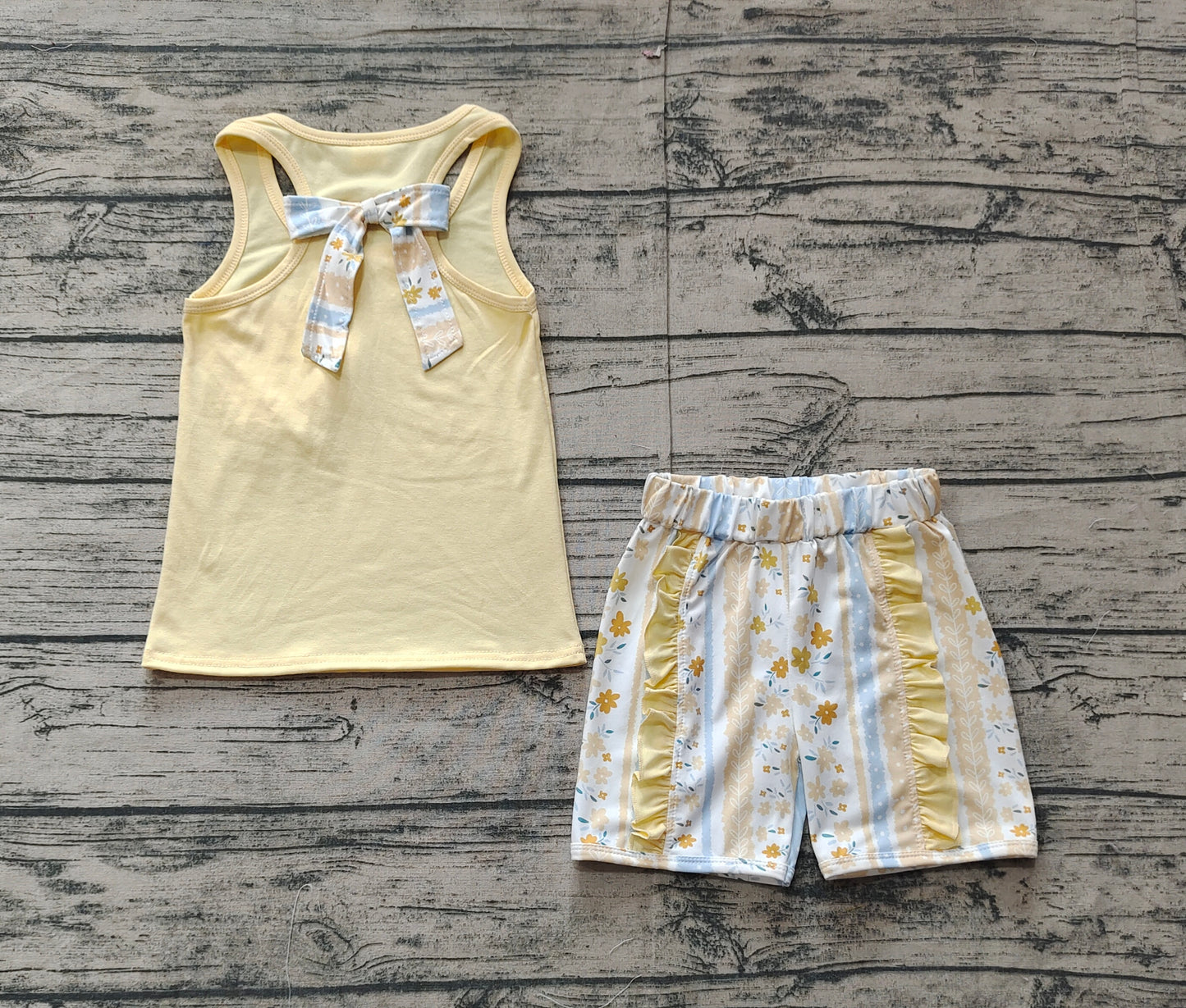 Yellow sleeveless floral bow ruffle shorts girls clothes